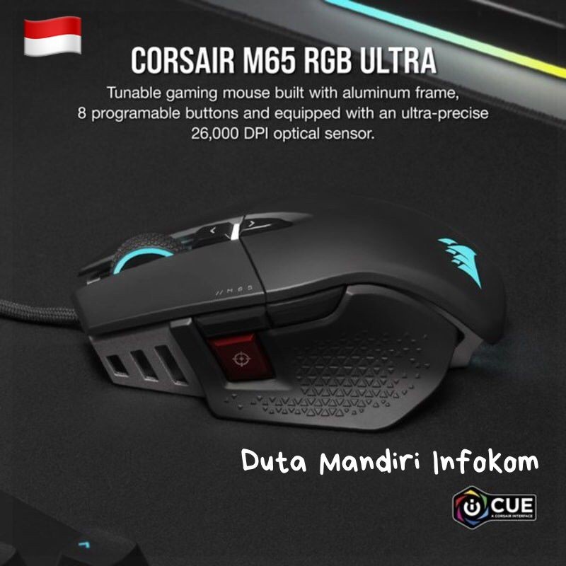 Corsair M65 RGB ULTRA Mouse Gaming Hitam/Putih, DPI 26000, Kabel USB