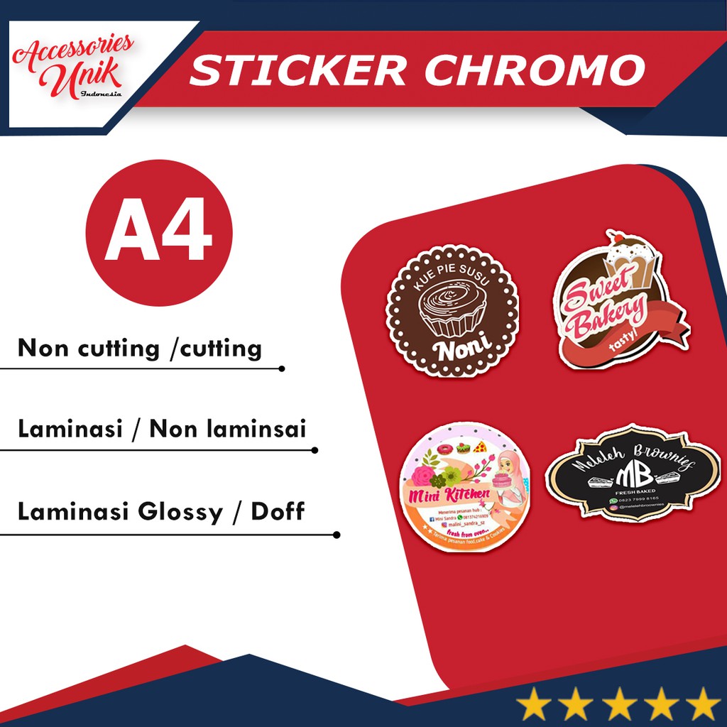 

Stiker Chromo A4 Label Kemasan Makanan Logo Bulat Kotak Custom Print Sticker