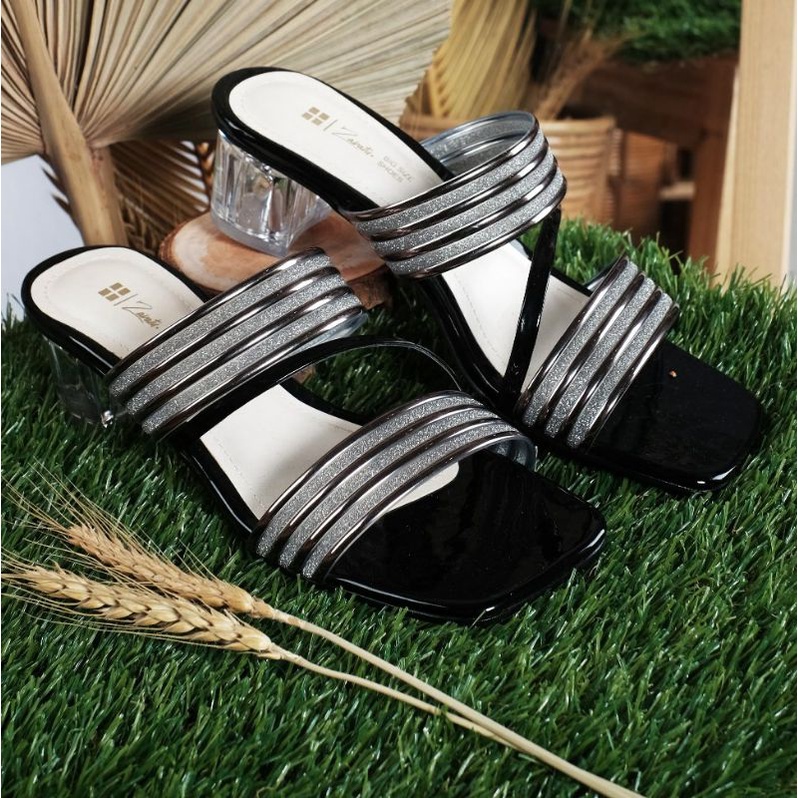 Sepatu Higheels Kaca Makazi Ukuran Besar 41-45 / Slop Kaca Wanita Glamour Simpel Hitam, 41