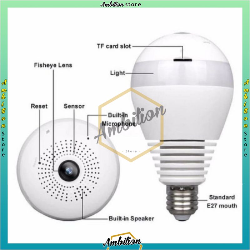 V380 Lampu Bohlam VR Spy Cam Owlcam KAMERA CCTV LAMPU IP WIRELESS 2 MP PANORAMA FISHEYE V380 A9