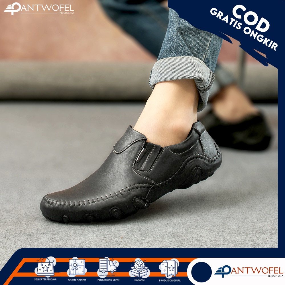 PTW X LIBE - Sepatu Pantopel Oxford Formal Kerja Cowok Slip On Anti Slip Bahan Kulit Sapi Asli Kualitas Premium Ukuran 39 - 43 Warna Cokelat Hitam - Spatu Fantopel Kasual Kerja Kantoran Resmi Rapat Dinas Paspampres Pansus Nikahan Lamaran Pesta Crocodile