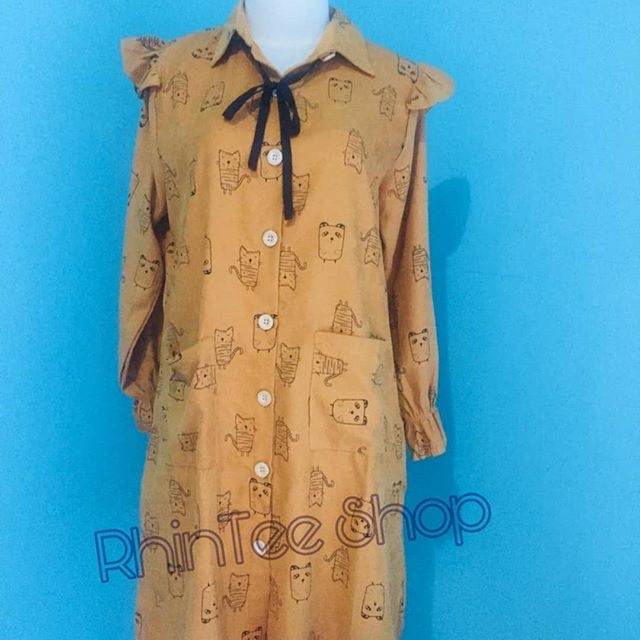 Tunik dress polkadot motif kucing imut kuning