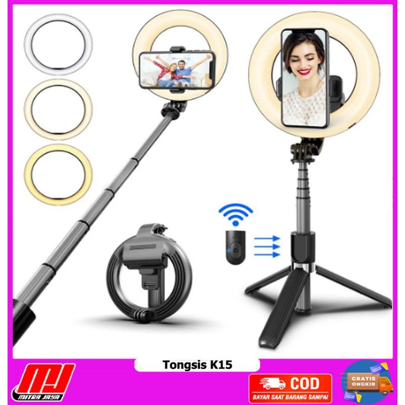 Tongsis Monopod K15 5 in 1 Tripod Ring Light Bluetooth Remote