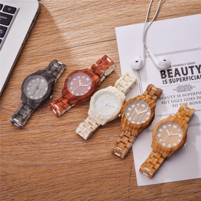 Jam Tangan Kayu Fashion Wanita Korea Casual Model Kaca Bulat Strap Kayu Quartz Analog