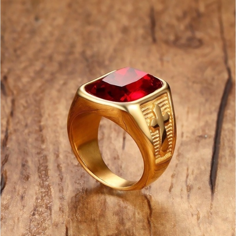 Fashion Square Red Crystal Stone Mens Ring Cross Design Gold Tone Signet Rings Men Jewelry Accessories