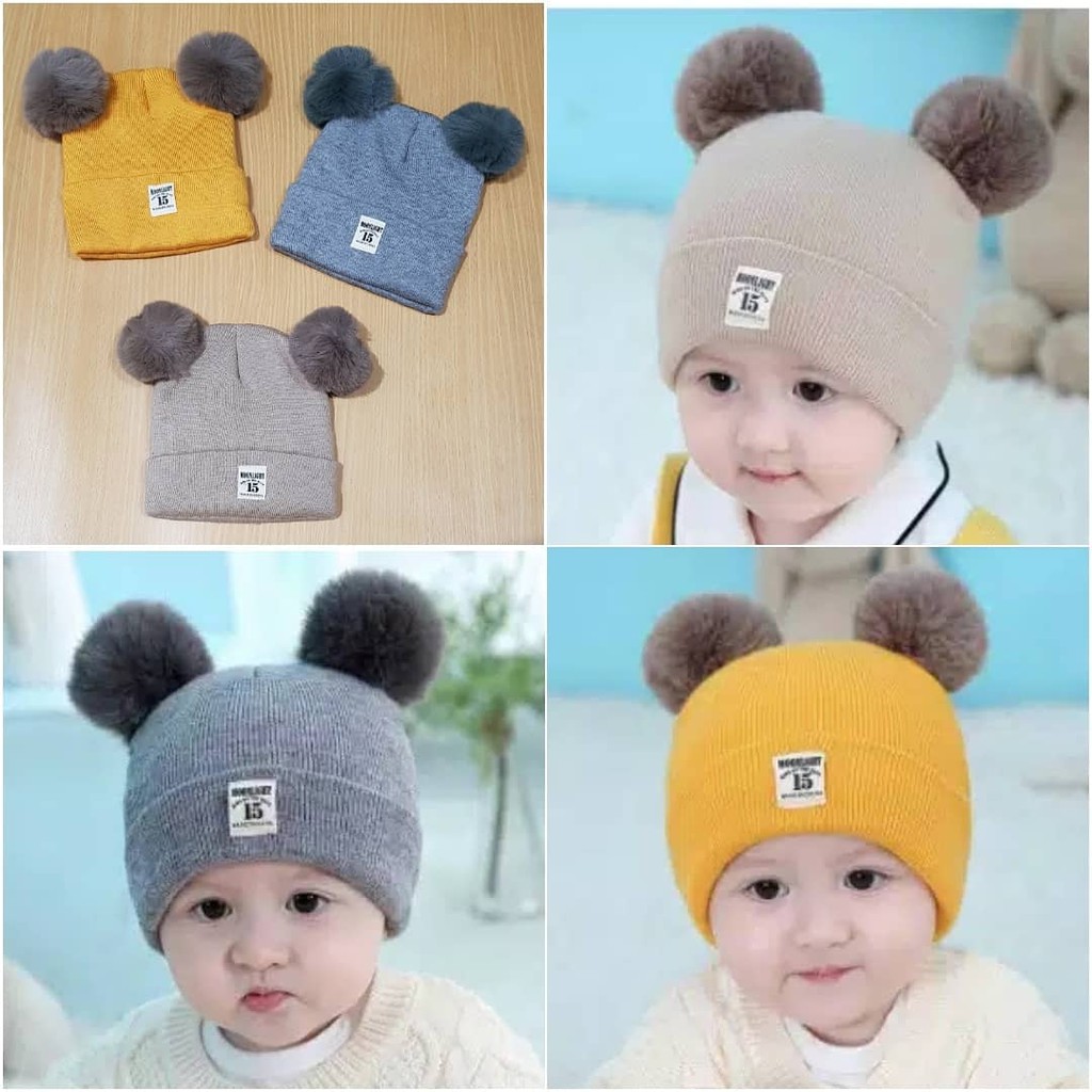 TOPI RAJUT POMPOM BULU ANAK / TOPI KUPLUK WOOL RAJUT HANGAT BAYI