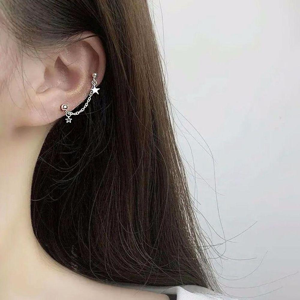 Mxbeauty Anting Rantai Telinga Geometris Sederhana Wanita Bintang Berujung Lima Tembaga Rumbai Link Perempuan Ear studs