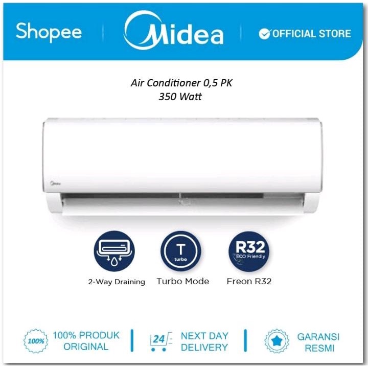 AC MIDEA 1/2 PK, LOW WATT, MSFC-05CRN, (FREE JASA PASANG DAN KELENGKAPAN)