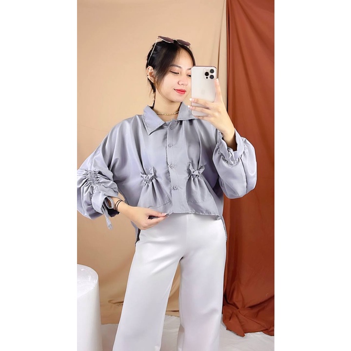 Tq88indonesia Fashion Blouse Serut  Lengan Panjang / SEORINA SHIRT XXL  / Blus / Busana Casual Wanita Terbaru / Baju Atasan Cewek / Ootd / Oufit Kasual Kekinian