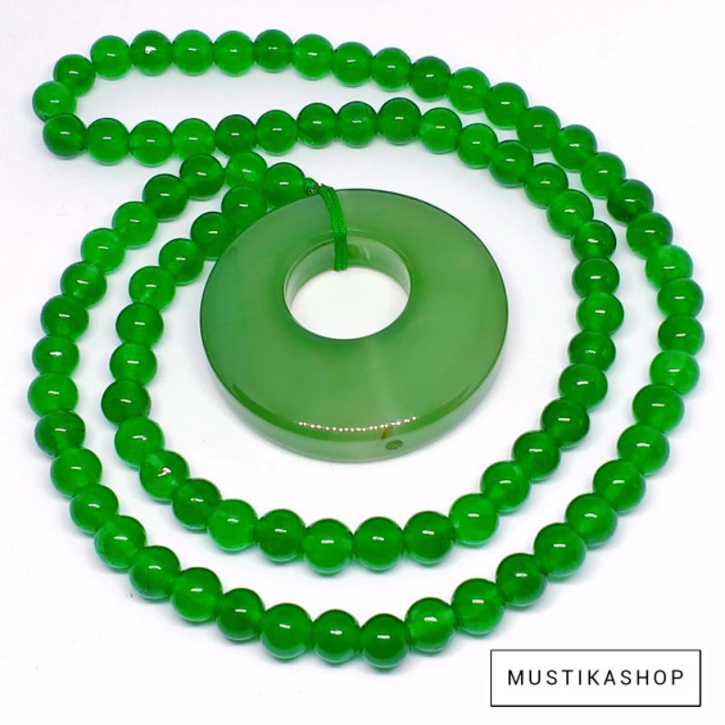 Kalung Batu Giok Cina Liontin Bulat Donat Hijau Asli