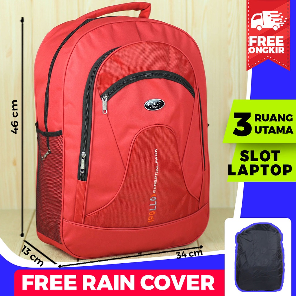 Tas Polo Pria Essential Merah Bahan Tebal Ransel Kerja Pria Murah Polos Bonus Raincover Bagus Nyaman Tas Sekolah Sma Smp Distro