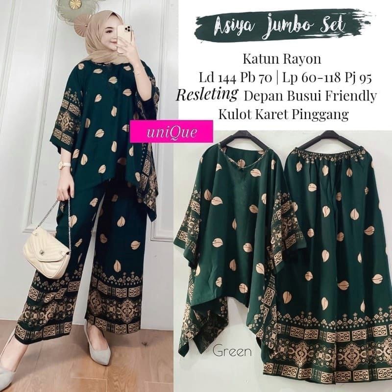 Setelan Jumbo | One Set Waka Motif Asiya Big Set / Niyara Set By Batik AW Size Jumbo LD 130 Busui | Set Wanita-Asiya Hijau Botol