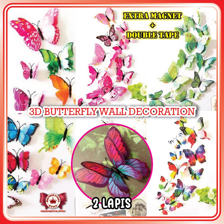 Download Hiasan Dinding Kupu 3d 2 Lapis Extra Magnet Double Tape 3d Butterfly Wall Decoration 2 Layers Shopee Indonesia