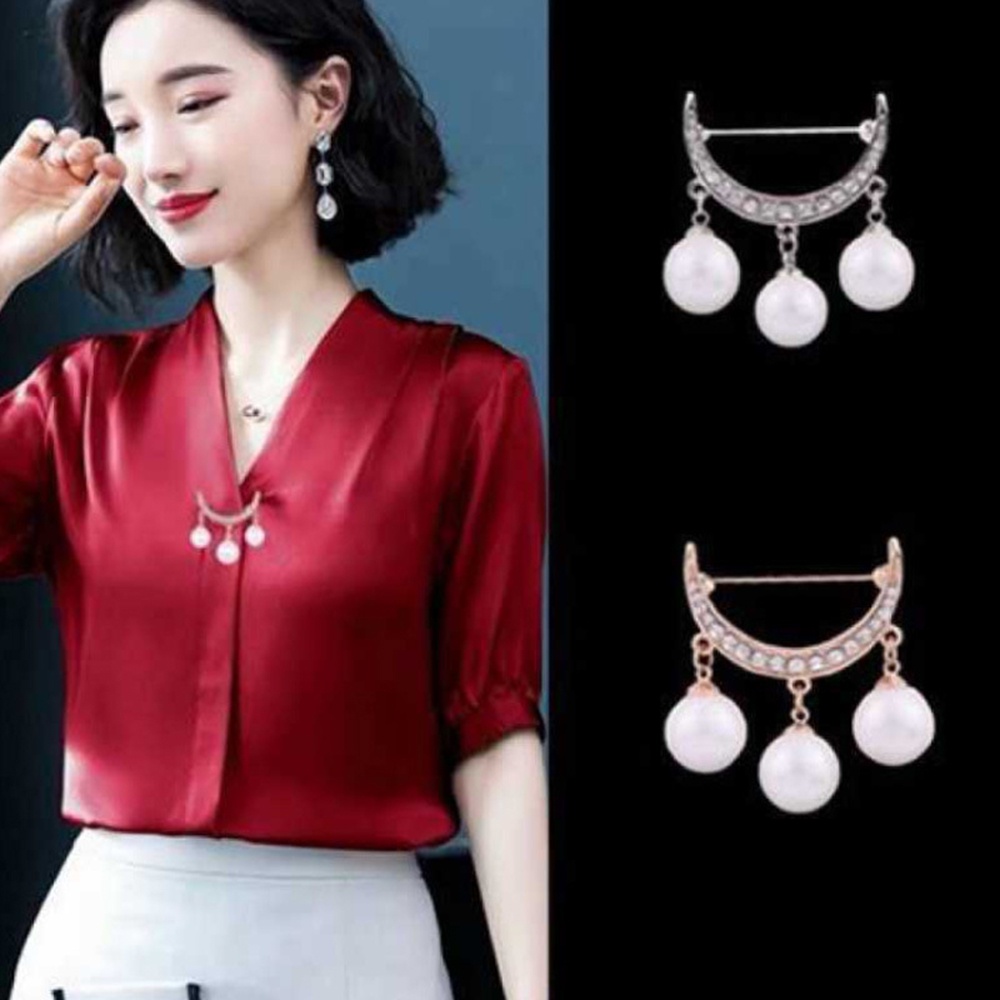 【COD Tangding】Bros Pin Desain Bulan Sabit Aksen Mutiara Berlian Serbaguna Antinaked Gaya Korea Untuk Kardigan