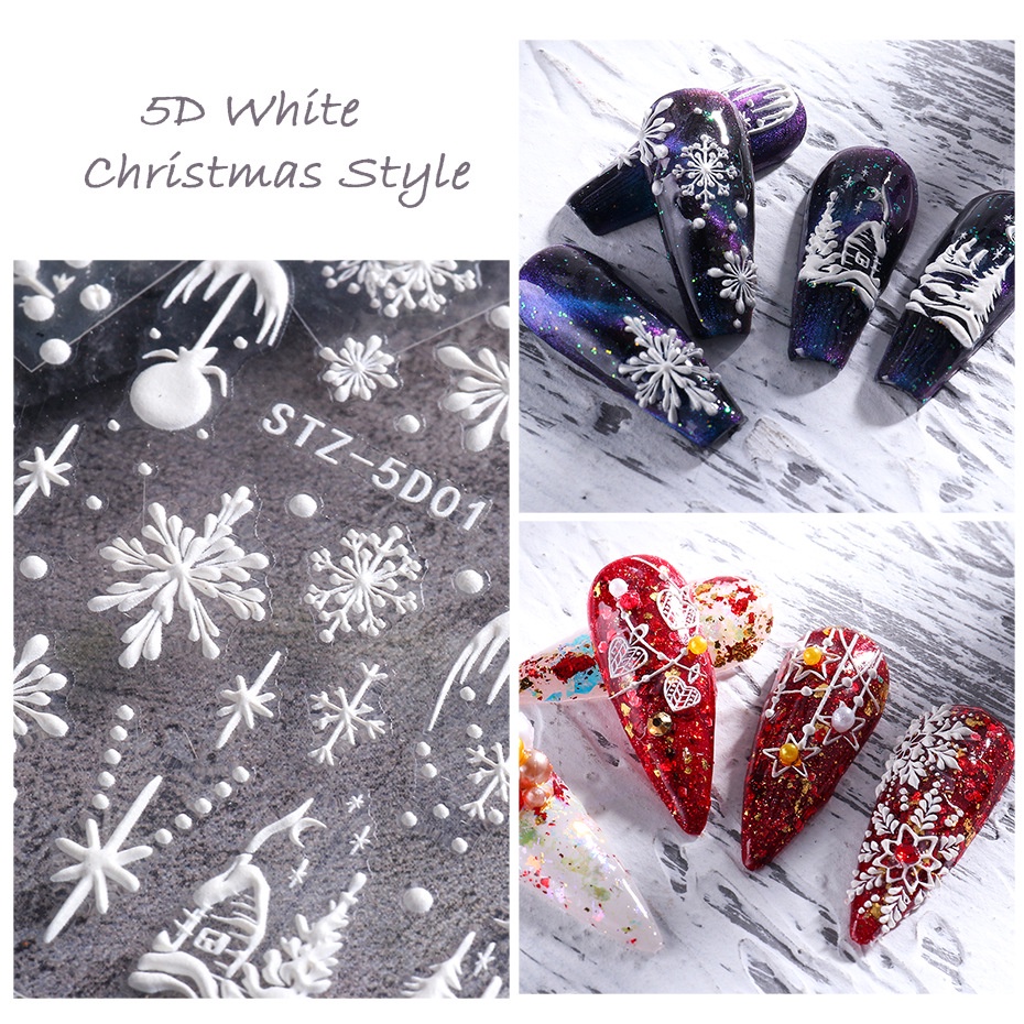 1 Sheet New Fashion 5D French Embossed Snowflake Snowman Christmas Design Nails Stickers / Manicure Art Decorations