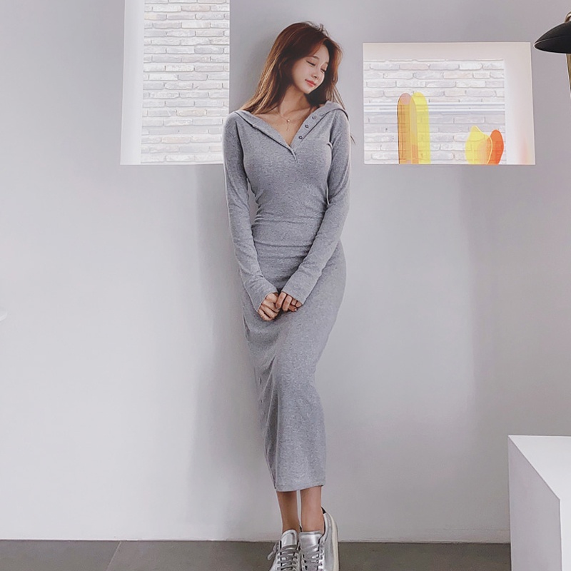 Hoodie Bodycon Midi Dress Wanita Lengan Panjang 1267 (S-XL)