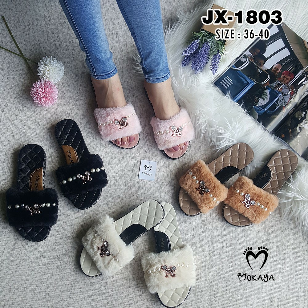 Sandal Slop Wanita Bulu Halus Mutiara Pernik Cycle Keren Elegant Import Mokaya/Sz 36-40 (JX-1803)