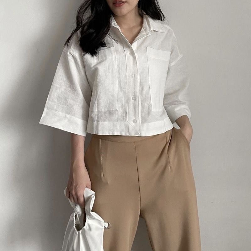 Kara Crop Top 919 - Kemeja Oversize - Kemeja Crop - Outer Oversized Shirt Linen