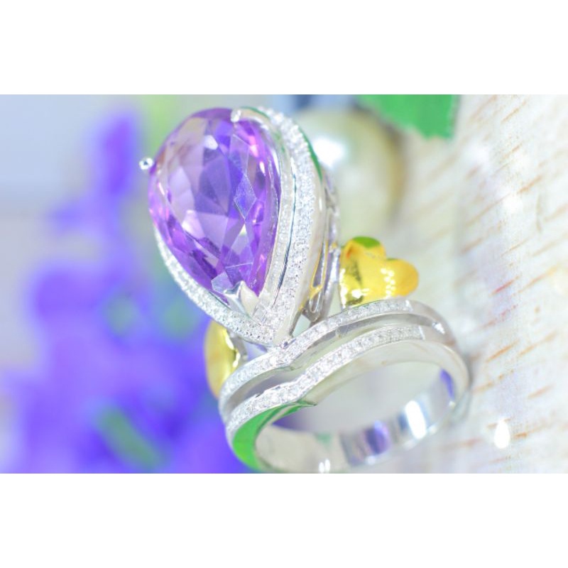cincin berlian wanita mata utama natural amethyst/kecubung keliling full berlian eropa ring perak pa