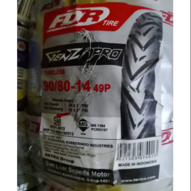 Ban tubeless belakang FDR Genzi/pro 90/80-14 for Scoopy/mio M3/mio J/beat esp/beat pop/Vario 110/125