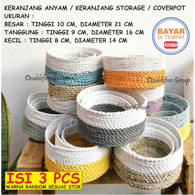 Hiasan Keranjang Anyam, Cover Pot Anyaman isi 3. Seagrass Basket (size 10,9,8)