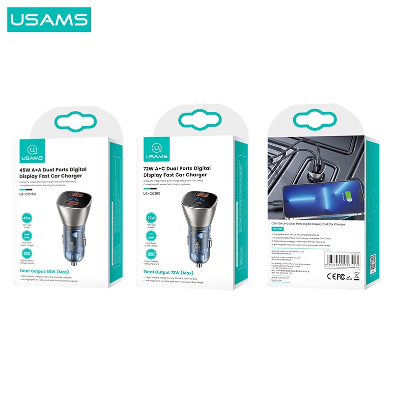 USAMS  Original Car Charger CC155 72W Mobile Car Charger Mobile Fast Charging Type-C/ USB PD Quick Charger Ori For Oppo Xiaomi Realme Vivo Samsung  Huawei IPhone