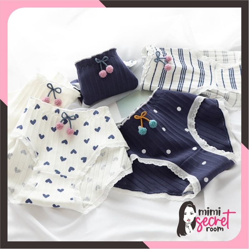 ❤ MIMI ❤ Celana Dalam CD Wanita Motif Pom Pom Polka Navy White Import Murah