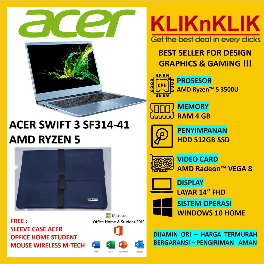 LAPTOP SLIM ACER SWIFT 3 SF314-41 AMD RYZEN 5 3500U RAM 4 GB SSD 512GB WIN10 GLACIER BLUE FREE OHS