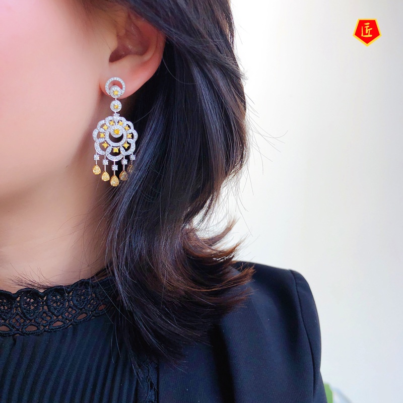 [Ready Stock]Luxury Fashion Fully-Jewelled Yellow Diamond Earrings