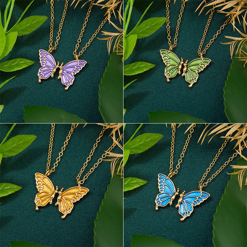 YEEZII 2pcs / set Kalung Choker Susun Dengan Liontin Kupu-Kupu Warna-Warni Untuk Wanita