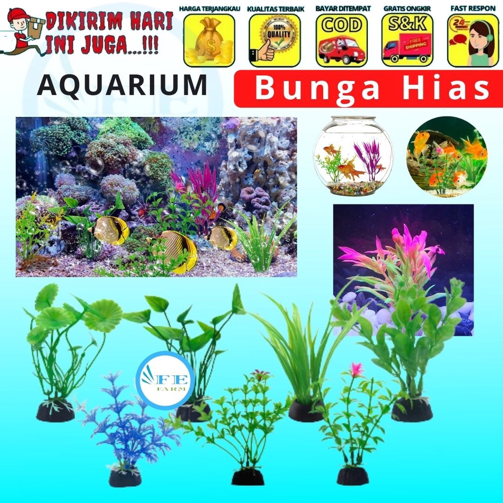 BUNGA PLASTIK HIAS AQUARIUM | Tanaman Aksesoris Akuarium | Pohon Daun Batu Tambahan Hiasan Ikan FEFARM