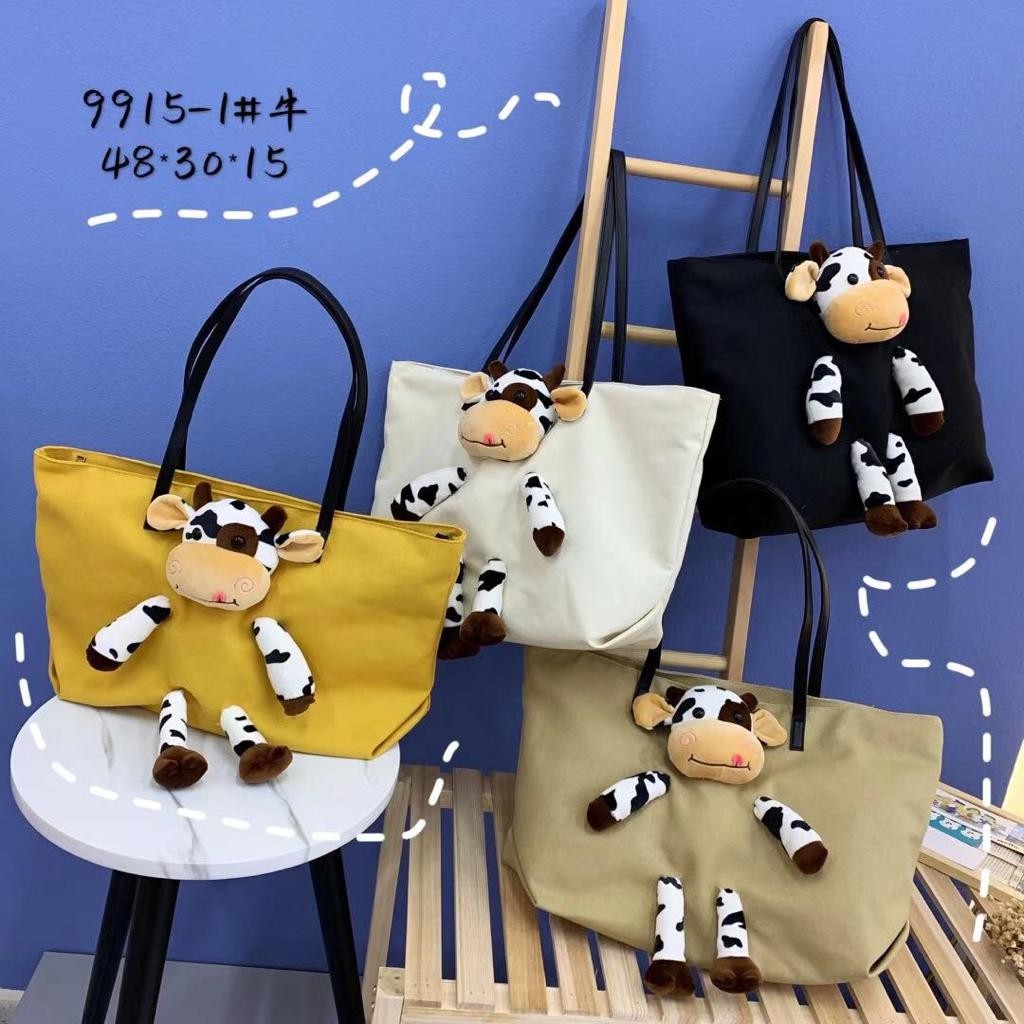 Tas Tote Bag Bahu Shoulder Bag Wanita Ukuran Besar Boneka Sapi Cow Lucu Impor Bahan Kanvas