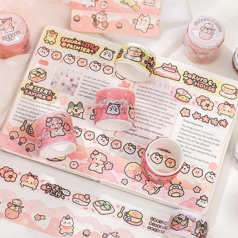 Lanfy Bahan Tape Office Supply Kawaii Handbook Hias Bunga Sakura Pink Seri Hand Rekening Tape Stiker Masking Tape