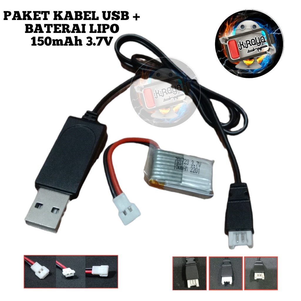 Paket Kabel USB + Baterai DRONE LIPO 150mAh 3.7V Konektor JST LOSI