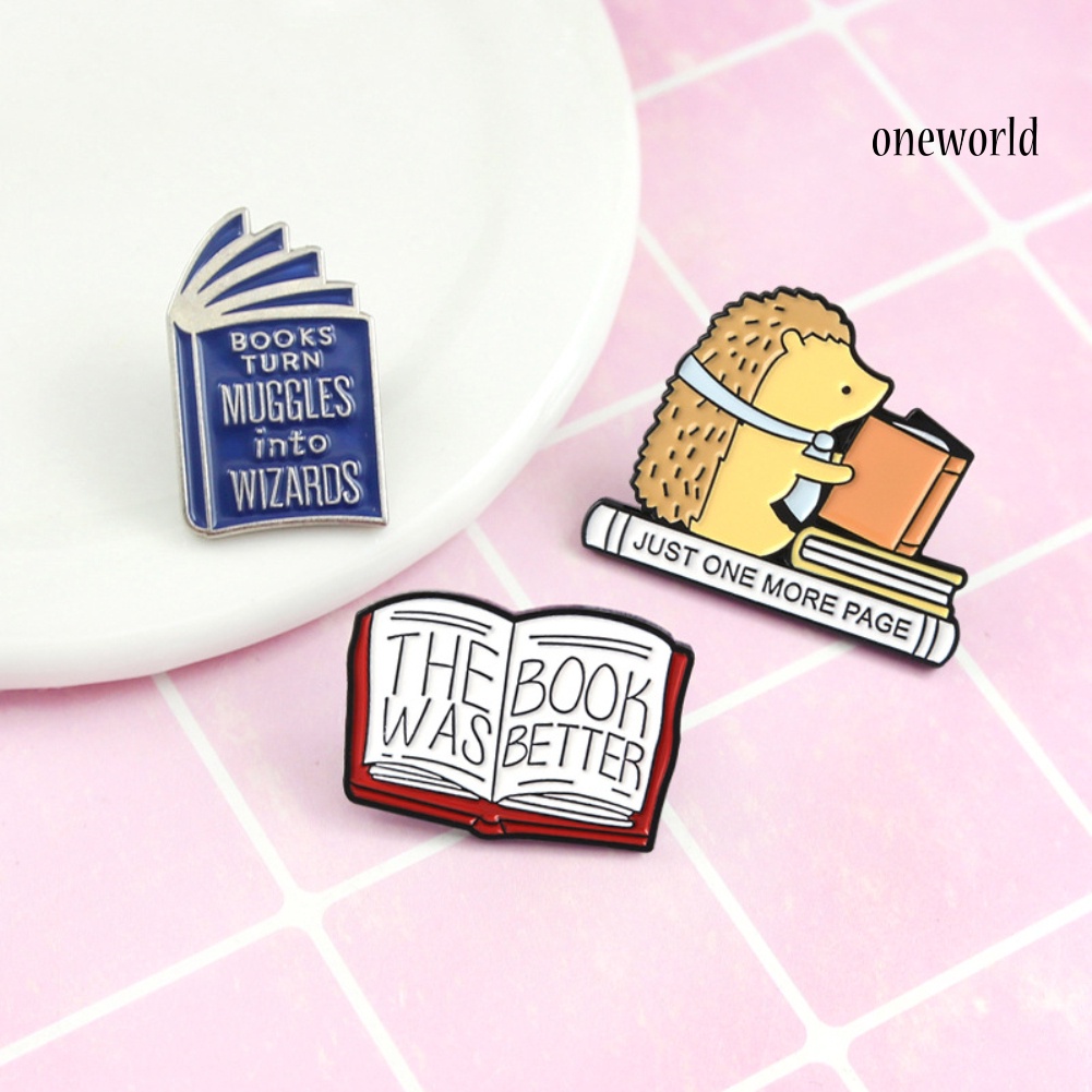 OW@ Unisex Cute Cartoon Book Hedgehog Enamel Letter Brooch Pin Denim Jacket Badge