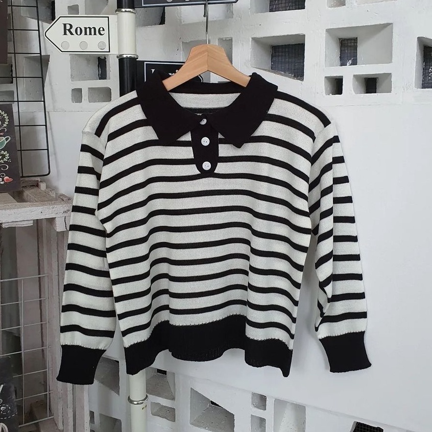 Outwear Crop Dhabie Stripe Sweater Rajut Motif Garisss