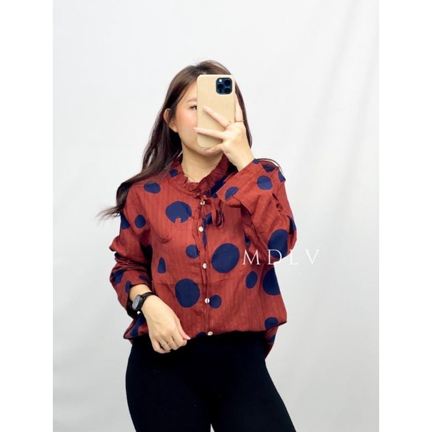 MDLV ~ 9874# Grande Polkadot Shirt Atasan Blouse Polkadot Full Collor Fashion Import