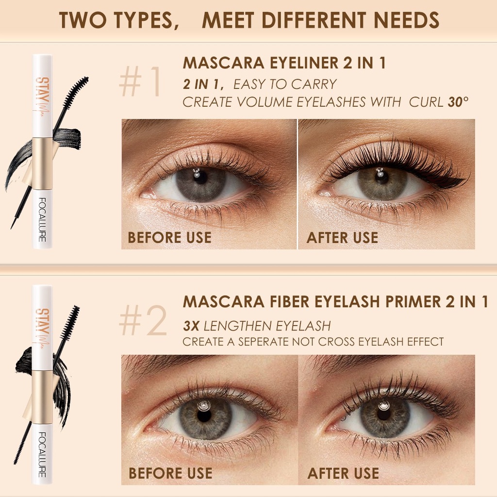 (READY &amp; ORI) Focallure Volume Lengthen Mascara &amp; Eyeliner 2 In 1 FA160 FA 160 2in1 maskara staymax stay max Tahan Lama Waterproof