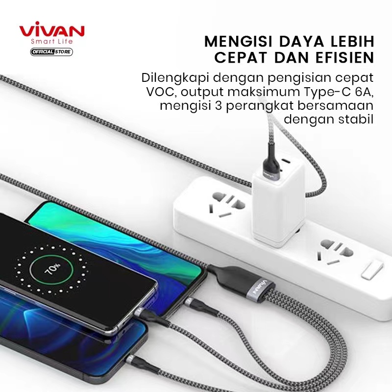 Kabel Data 3in1 VIVAN VYT120 Fast Charging 3 in 1 6A Micro USB Lightning Type C Garansi Resmi 1 Tahun