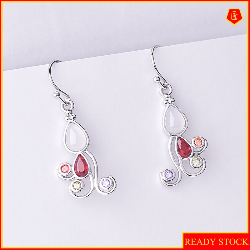 [Ready Stock]925 Silver Moonstone Earrings Colorful Gems Fashion Elegant