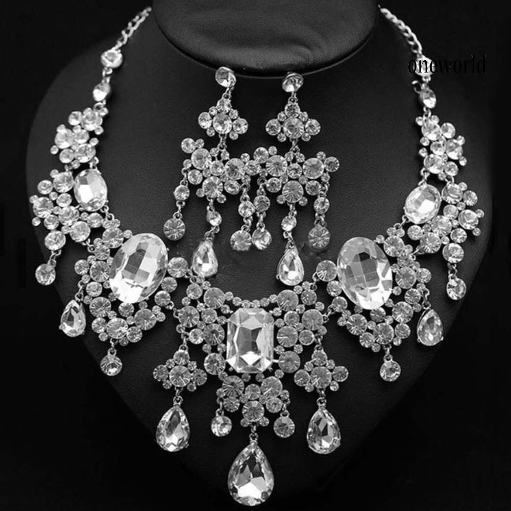 OW@ 2Pcs/Set Shiny Full Rhinestone Tassel Bridal Statement Bib Necklace Earrings