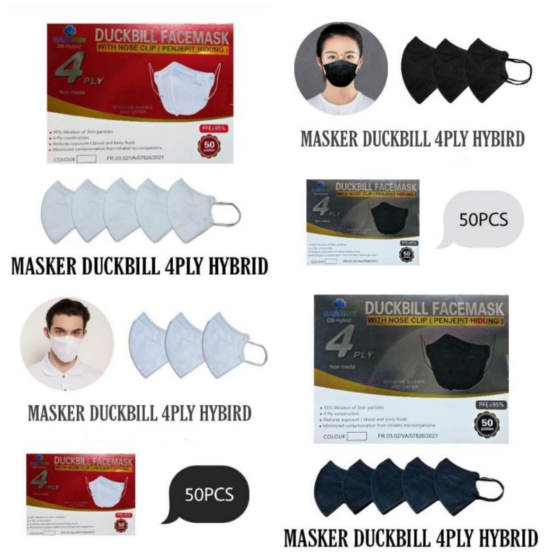 Masker Duckbill 4ply hybrid kn95 facemask campuran isi 10pcs 20pcs 50Pcs box hitam putih dewasa penj