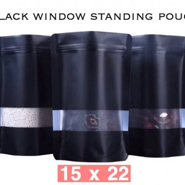 Black Matte standing pouch window / standing pouch hitam aluminium