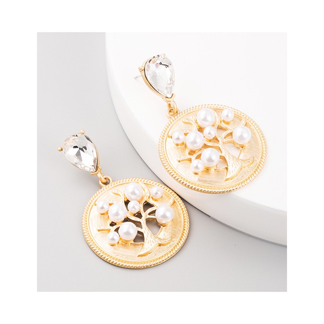 LRC Anting Tusuk Fashion White Life Tree Alloy Diamond And Pearl Geometric Round Earrings