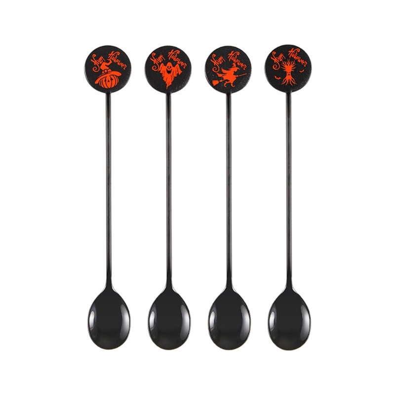 4pcs / set Sendok Kopi Desain Labu Hantu Penyihir Halloween Bahan Stainless Steel Warna Silver Untuk Pesta