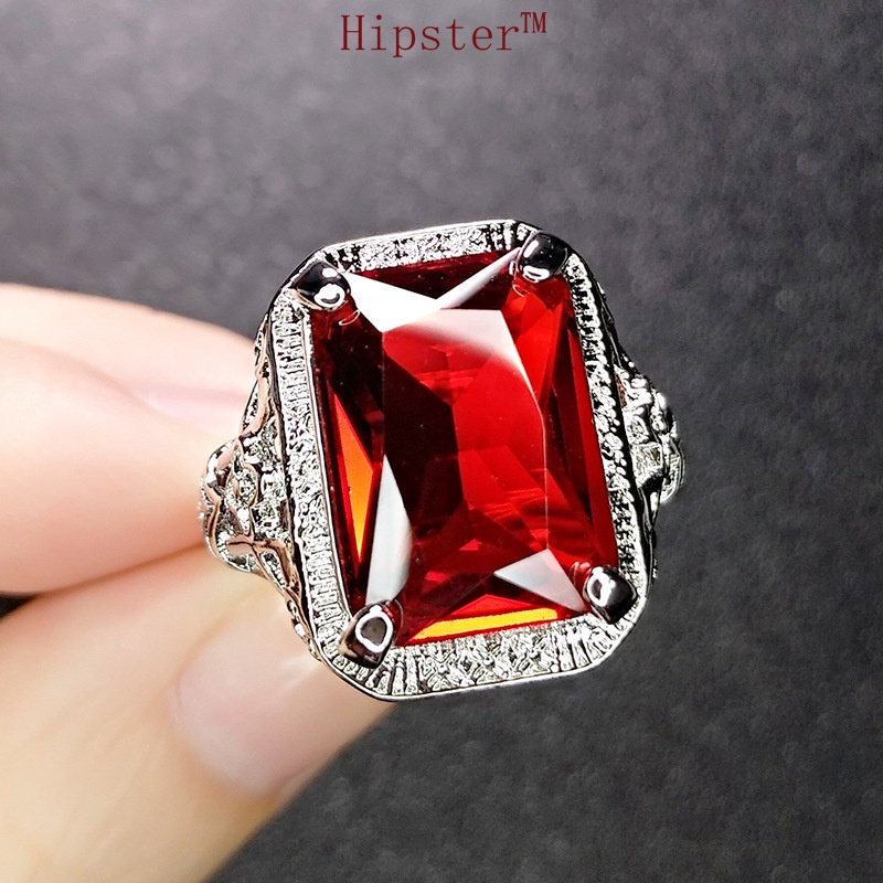 Hot Sale Creative Design Characteristic Hollow Pattern Square Ruby Ring