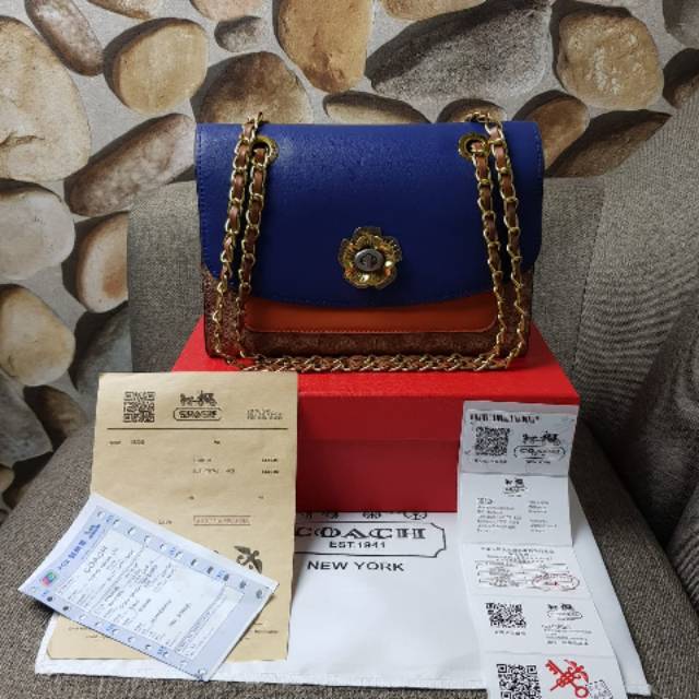 Tas Coach Parker Colorblock Signature BIRU List Coklat Semi Premium AP27192