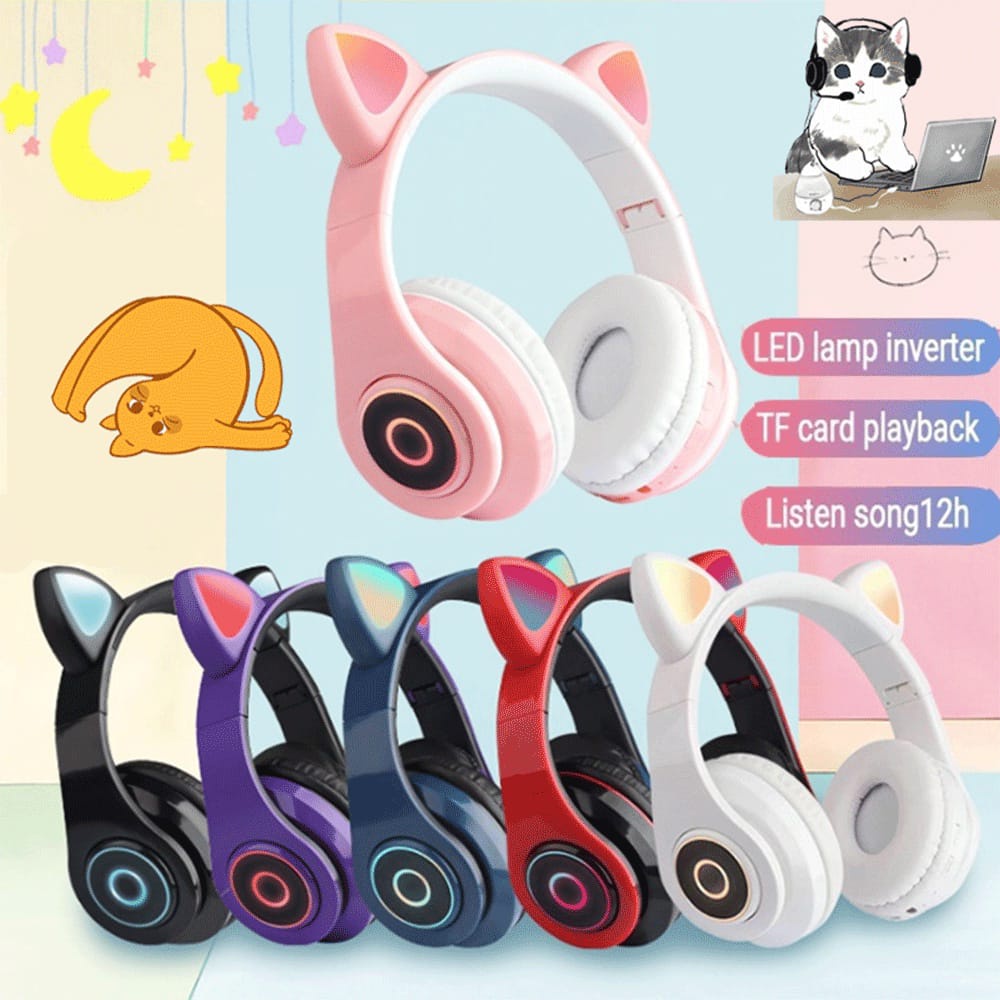 Headset Bluetooth Bando LED Kuping Kucing Lucu Kedap Suara Super Mantap