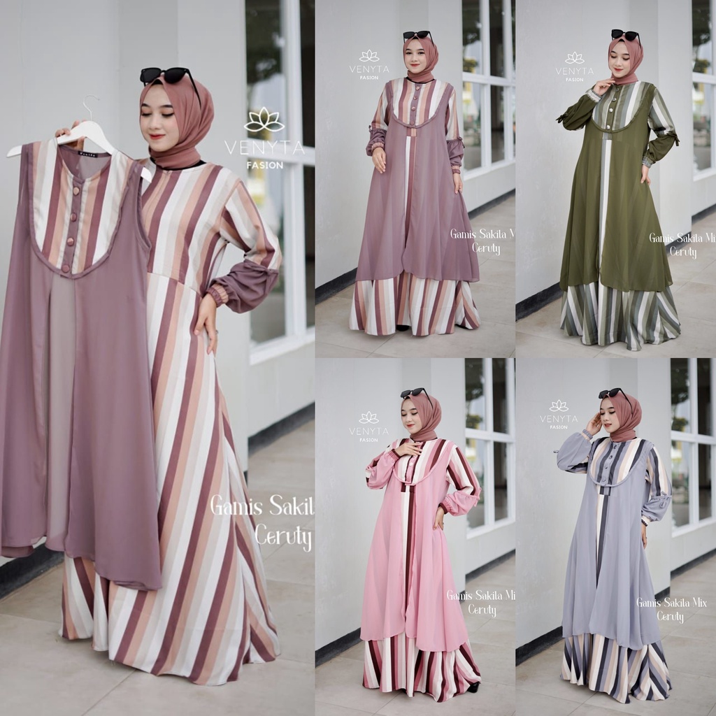 Gamis outer 2IN1 SAKILA SET OUTHER CERUTY LALA LYLA GAMIS TRENDY WANITA MASA KINI ORIGINAL VENYTA MOTIF SALUR shanglow shan glow pisah rompi cardigan