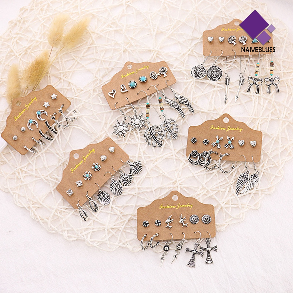 6 Pasang Anting Stud Rumbai Bentuk Daun Geometris Hollow Bahan Alloy Gaya Etnik